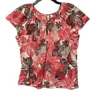 St Johns Bay Floral Smocked Neck Short Sleeve Blouse Size L Peasant Top Y2K